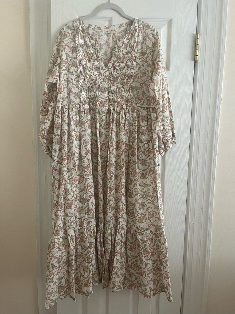 Jane Valken Bohemian Floral Tiered Midi Dress in Cream and Pink - Small